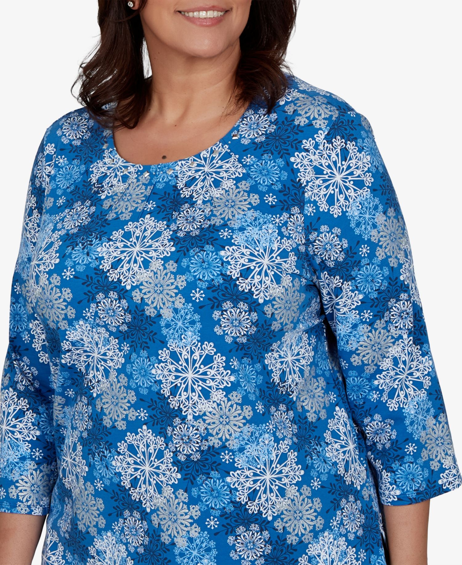 Plus Size Snowflake-Print 3/4-Sleeve Knit Top