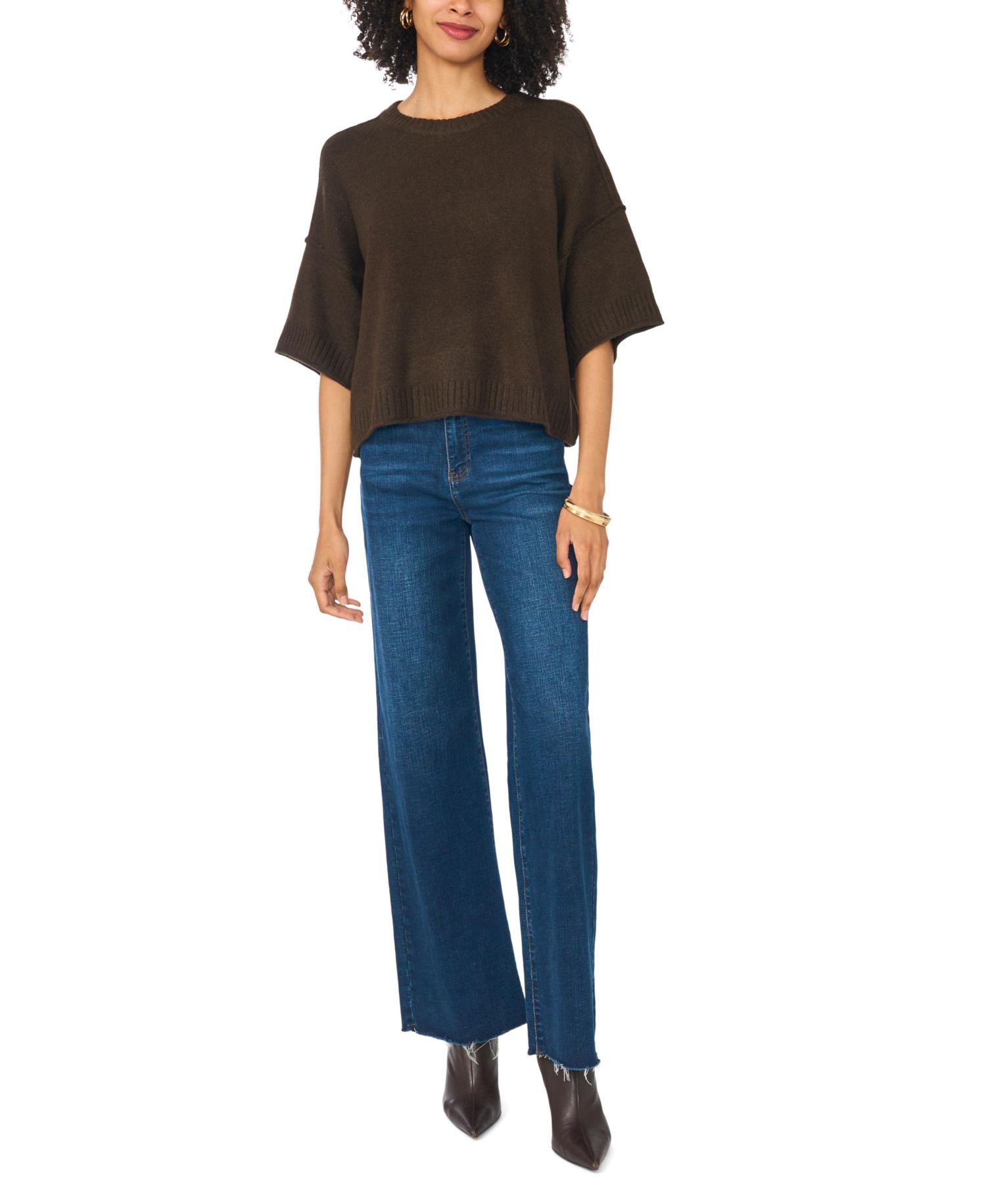 Women's Elbow Length Exposed Seam Crew Crop Sweater
