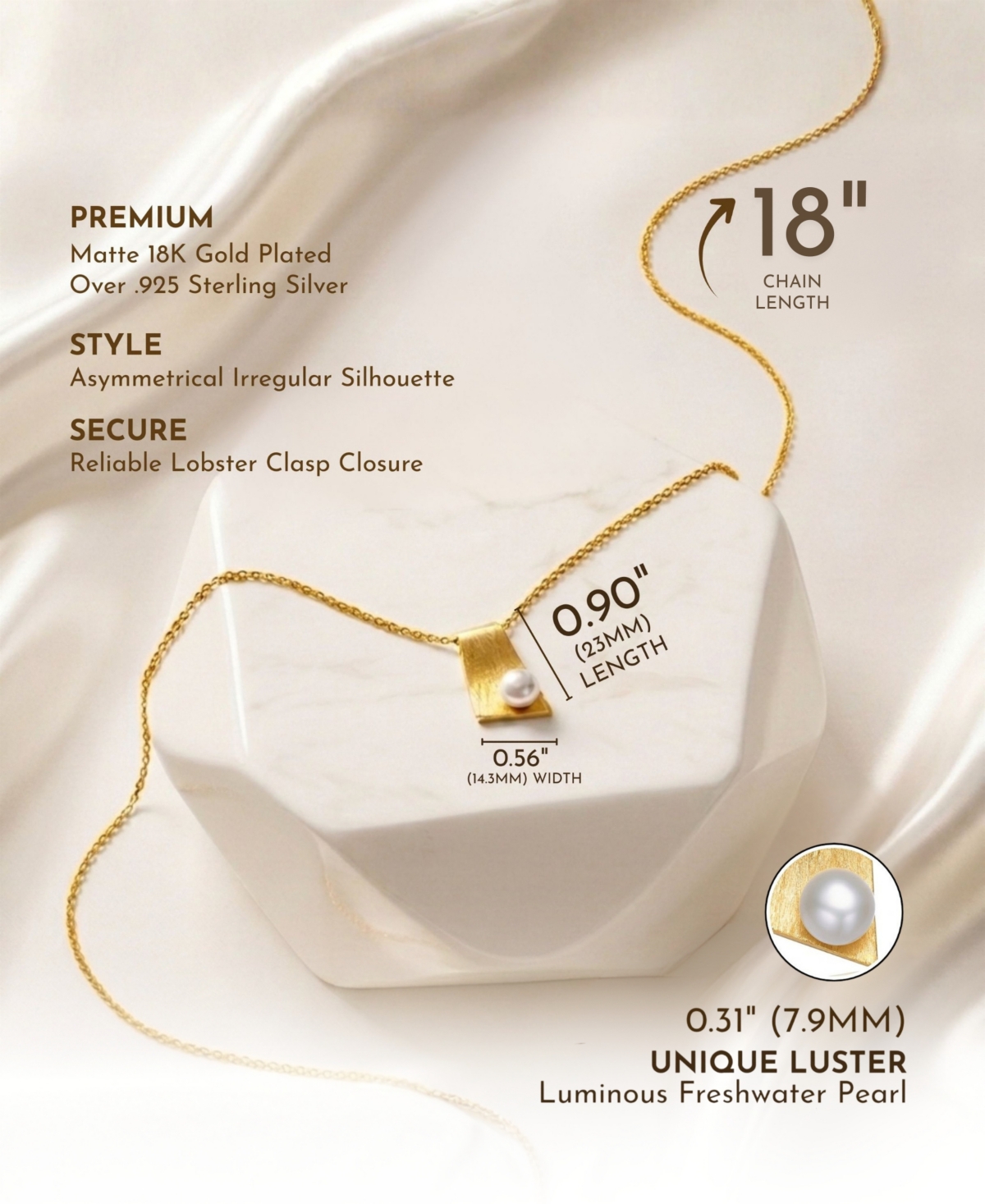 Sterling Silver 14k Gold Plated with Genuine Freshwater Pearl Rectangle Pendant Necklace