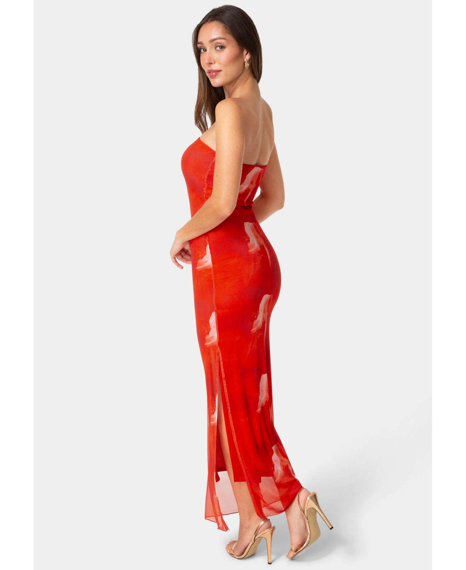Women's Printed Mesh Strapless Maxi Dress