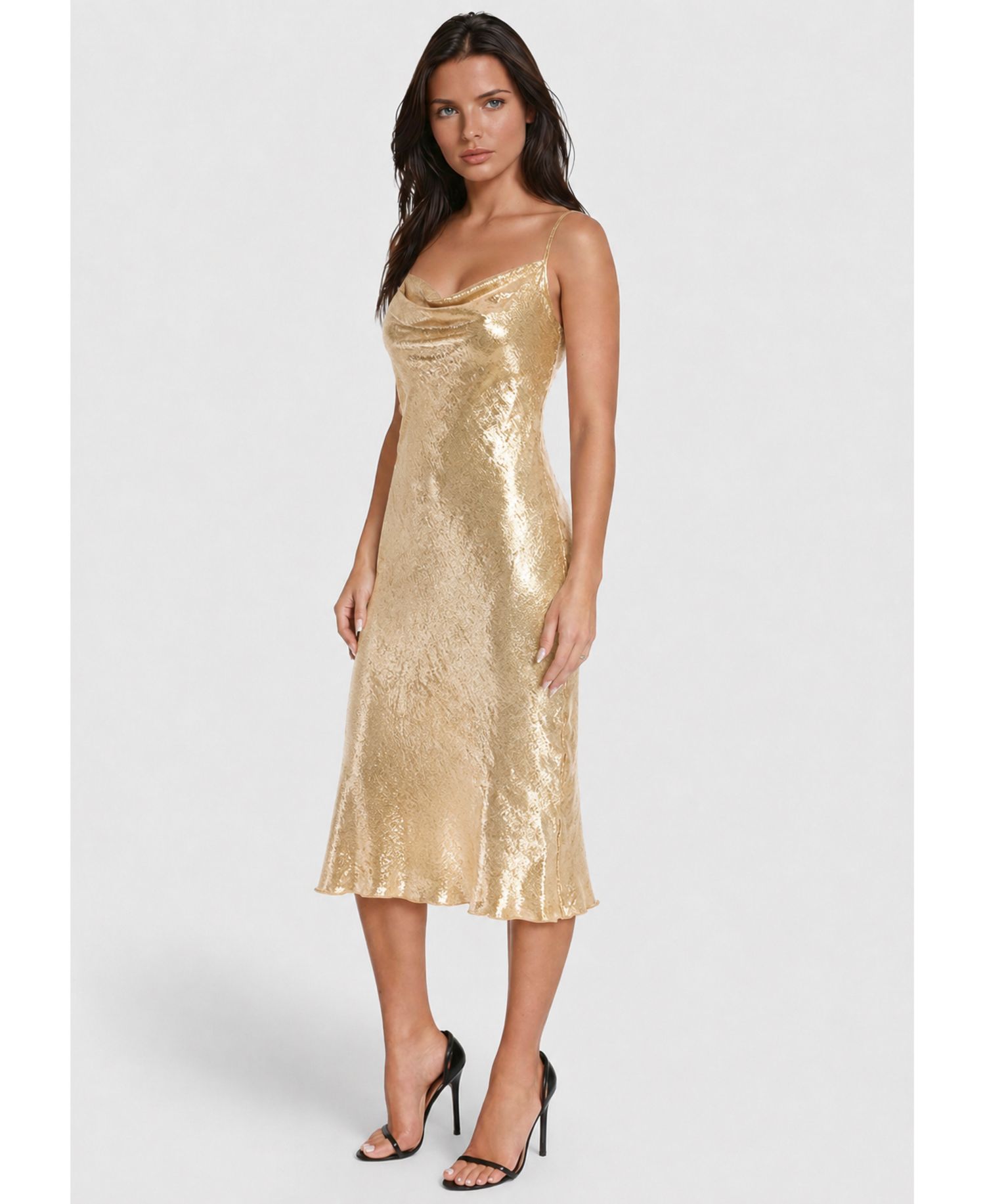 Women's Foil Finish Cowl Neck Midi Slip Dress