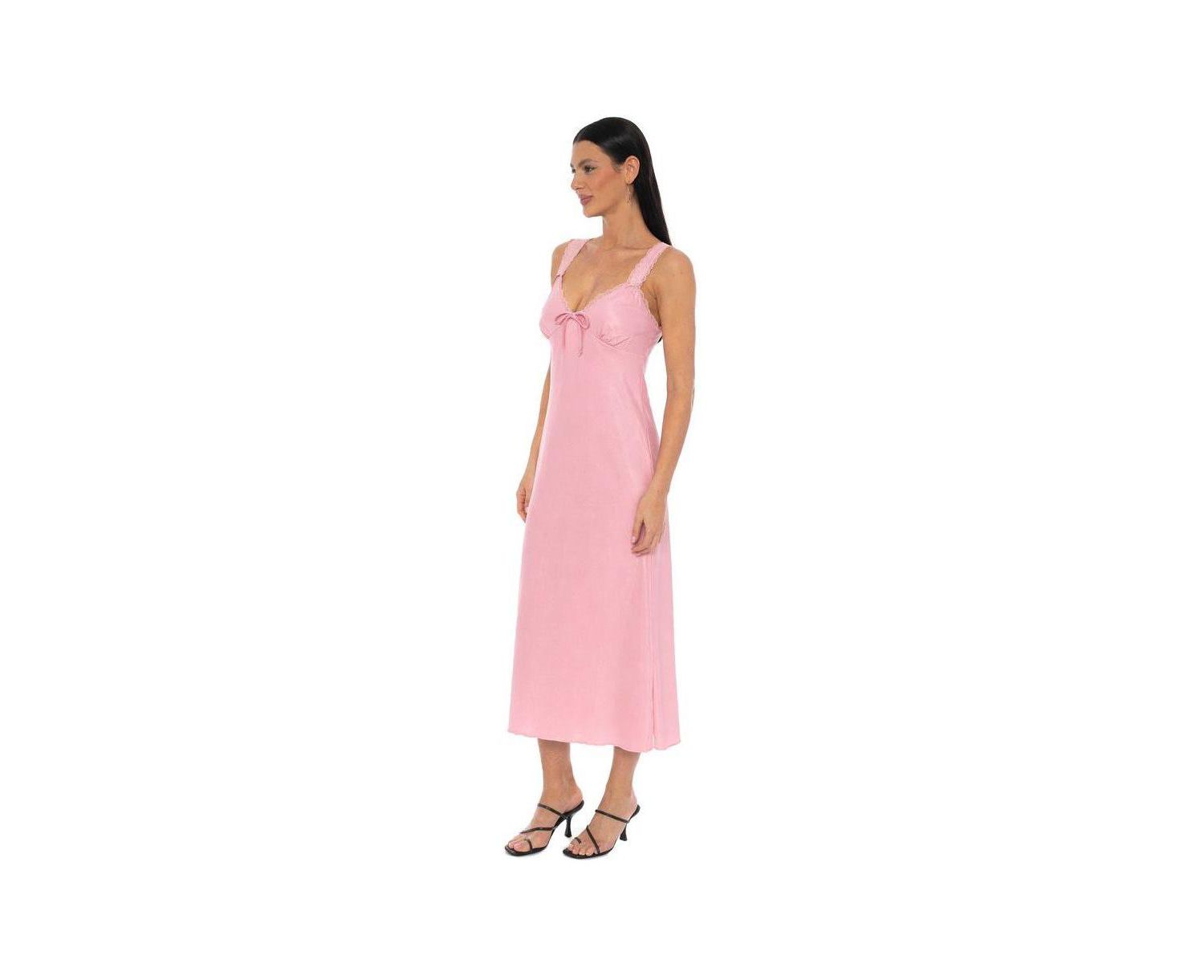 Women's Crushed Satin Slip Midi Lace-Trimmed V-Neck Dress
