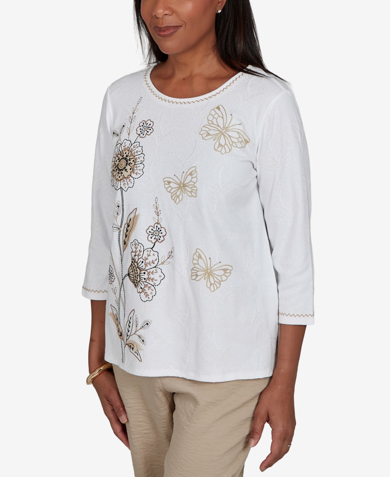 Petite Floral Embroidered 3/4-Sleeve Top