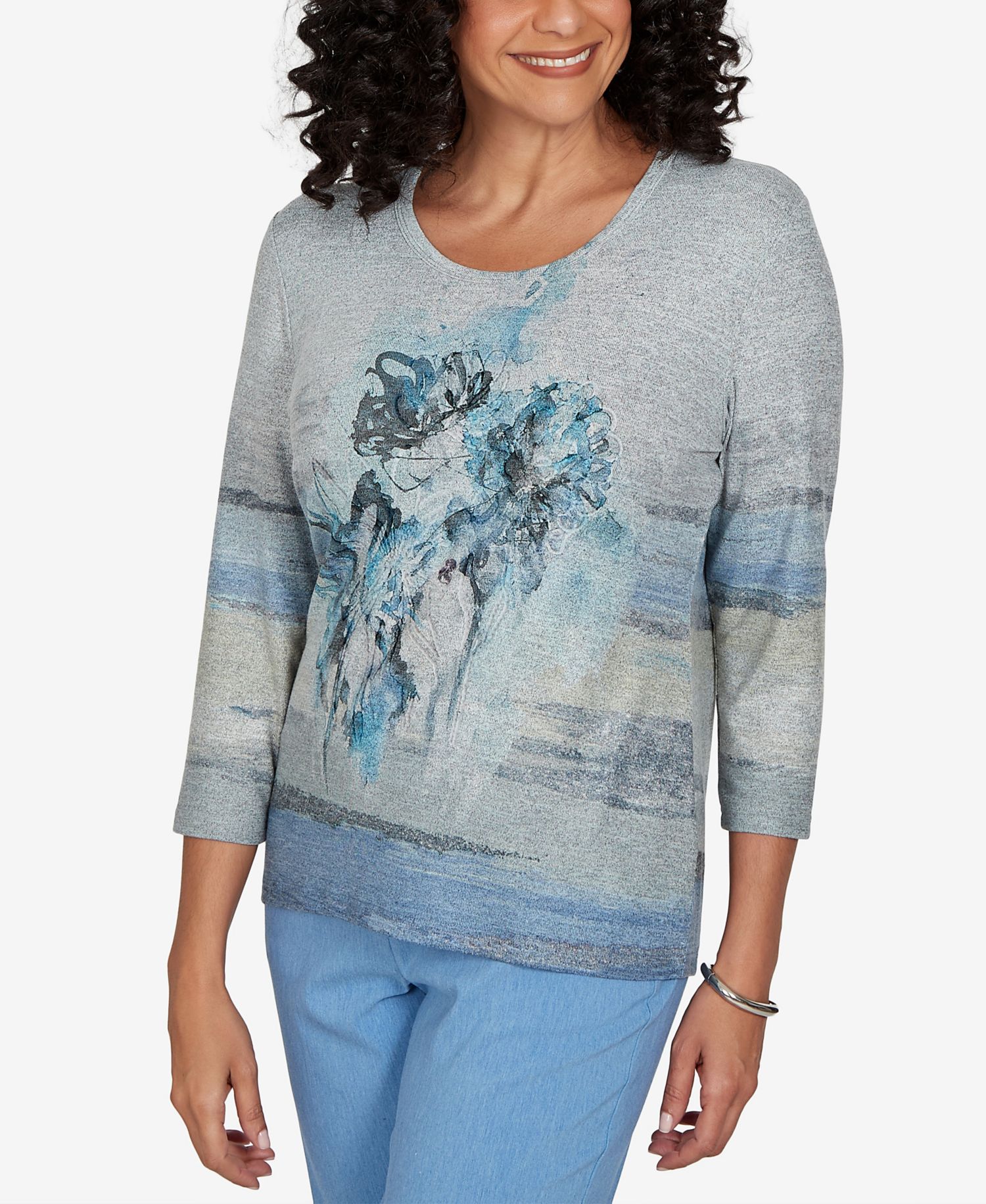 Petite Provence Floral-Print 3/4-Sleeve Lace Blouse