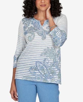 Petite Provence Paisley Stripe Split Neck 3/4 Sleeve Top