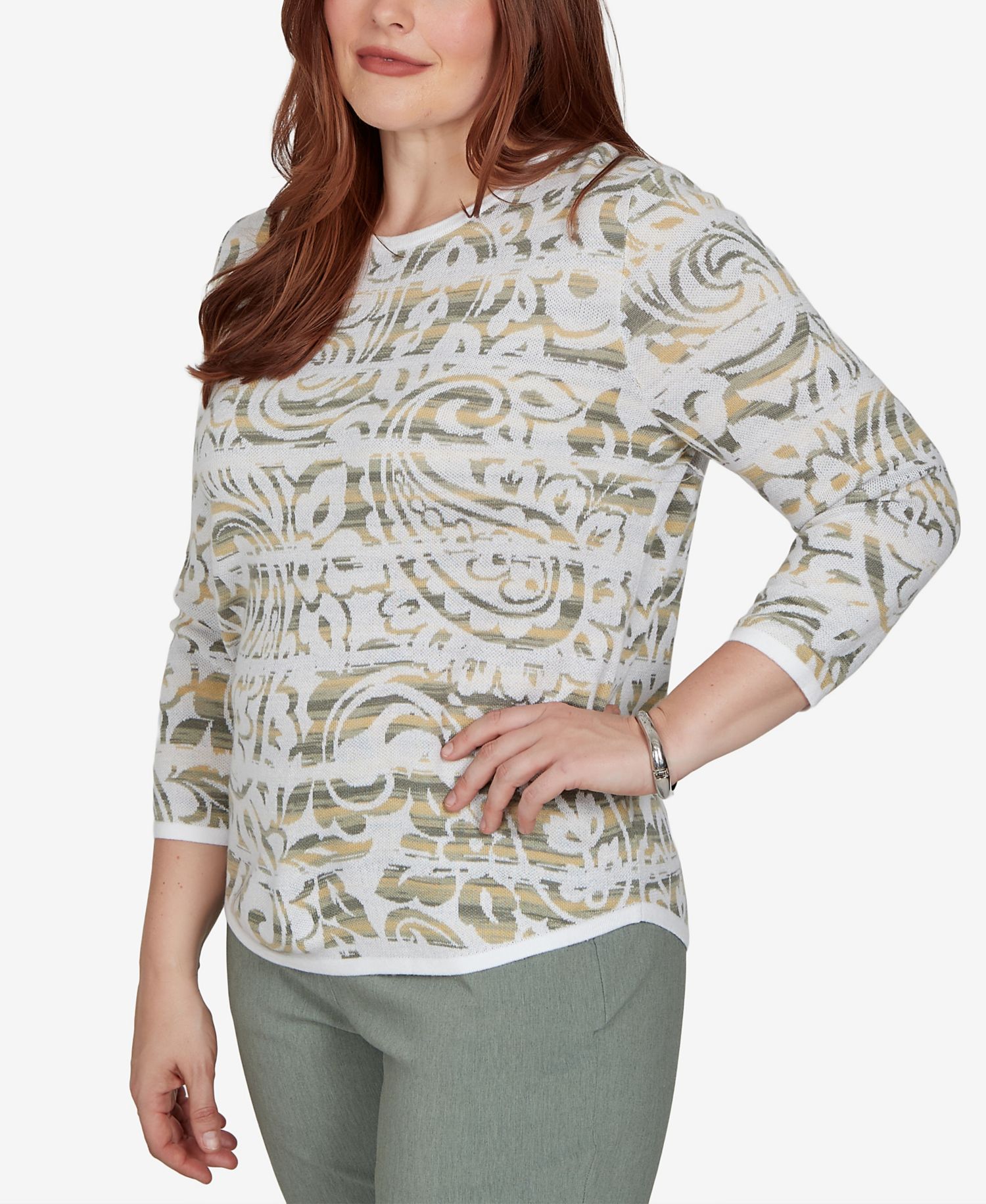 Petite Provence Crewneck 3/4-Sleeve Paisley-Stripe Sweater