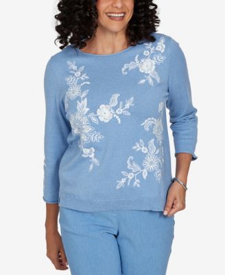 Petite Provence Lacey Floral Embroidered 3/4-Sleeve Sweater