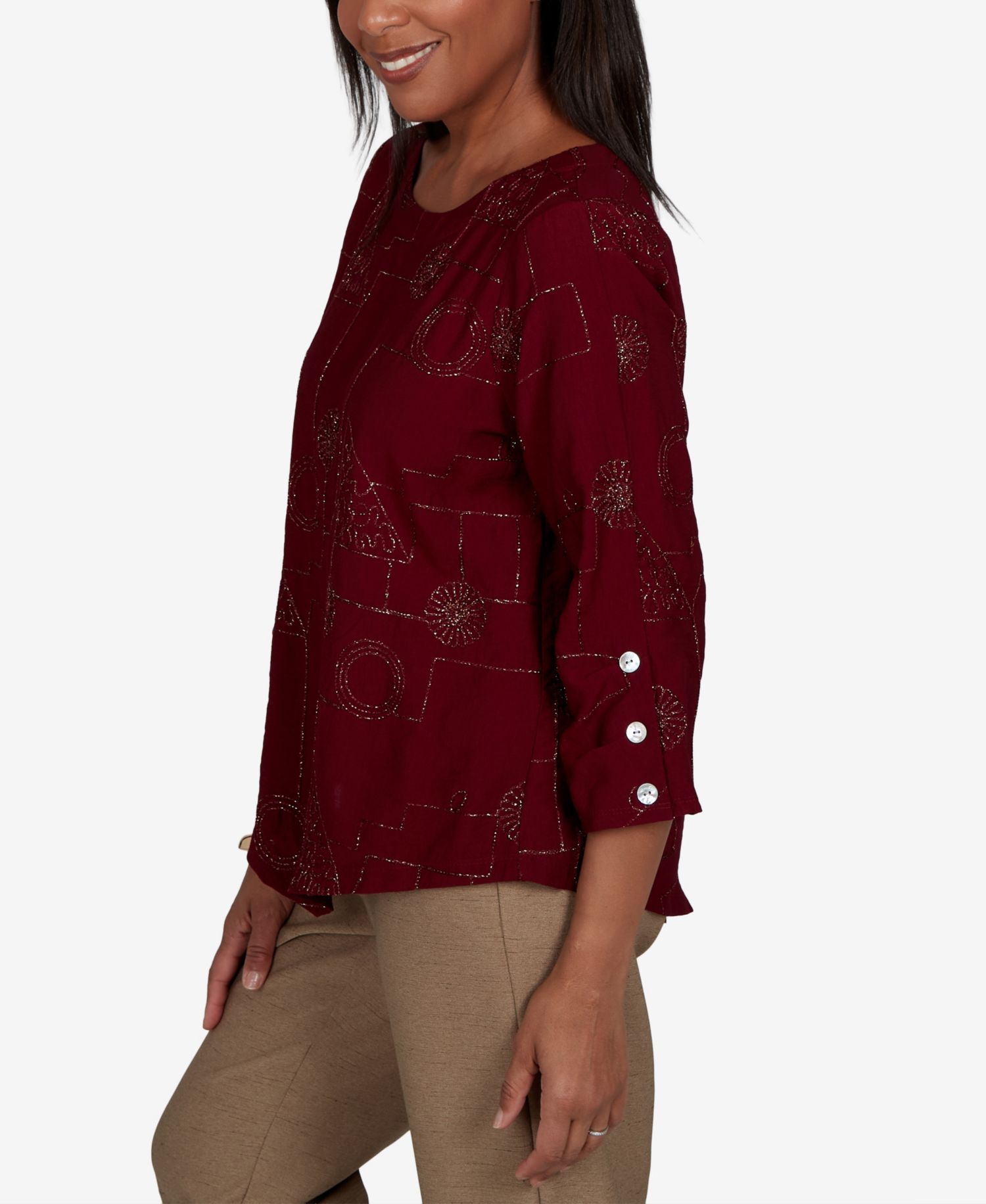 Petite Union Square Geometric-Floral 3/4-Sleeve Crewneck Rayon-Nylon Blend Blouse