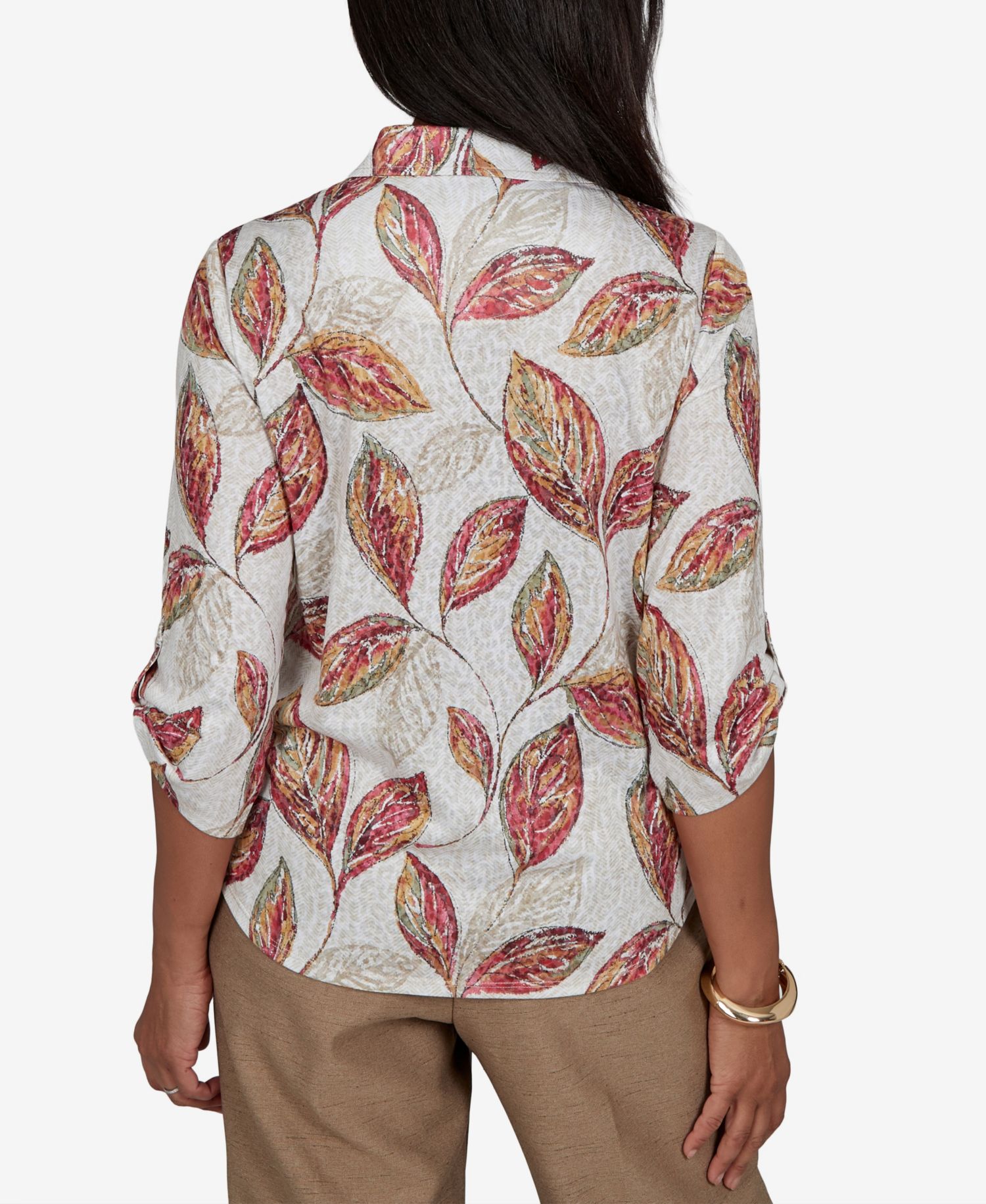 Petite Union Square Sketched-Leaf Print Roll-Tab Sleeves Button-Front Top