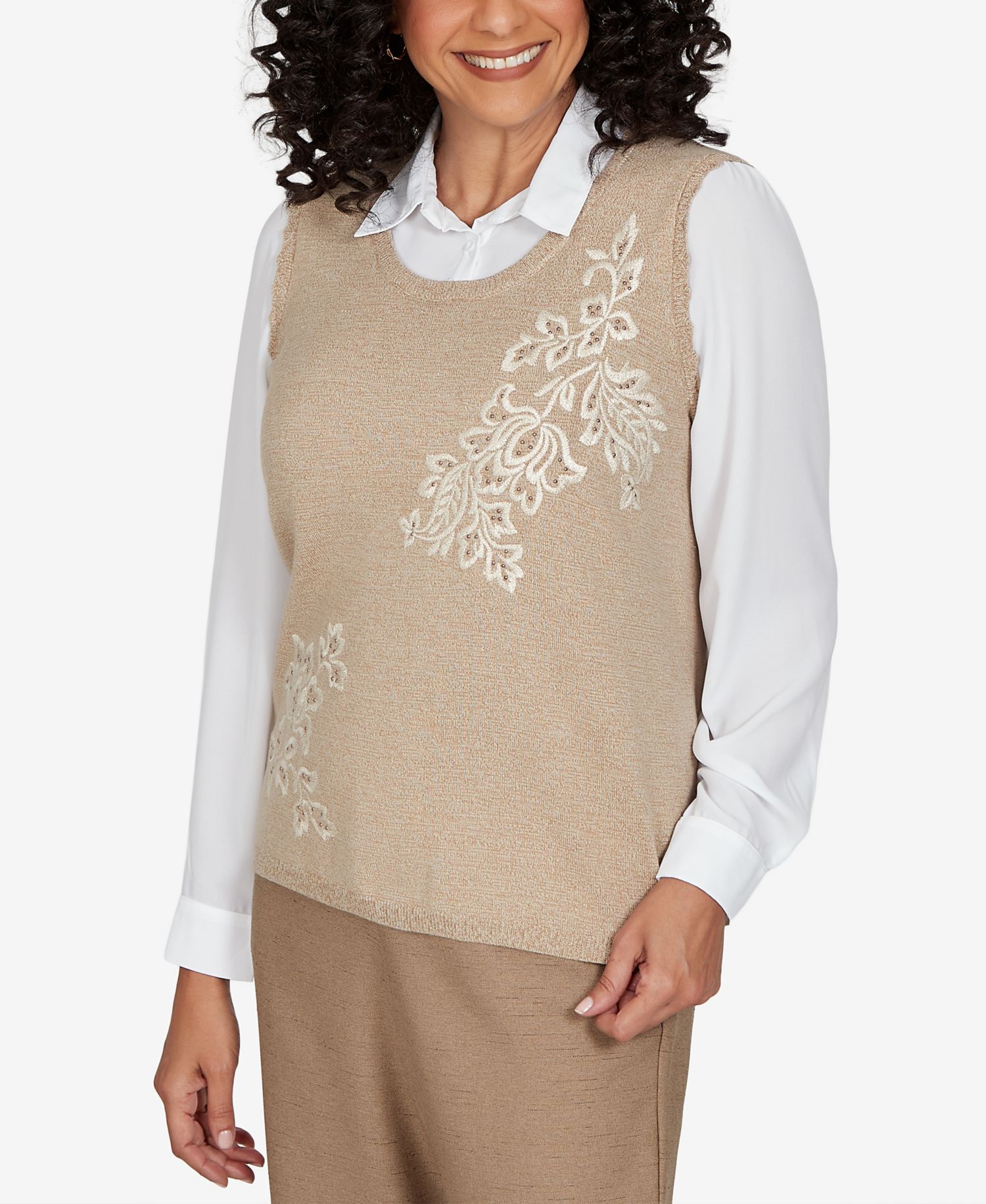 Petite Union Square Two-in-One Embroidered Scoop Neck Sweater