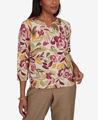 Petite Union Square Painterly Floral-Print 3/4-Sleeve Sweater