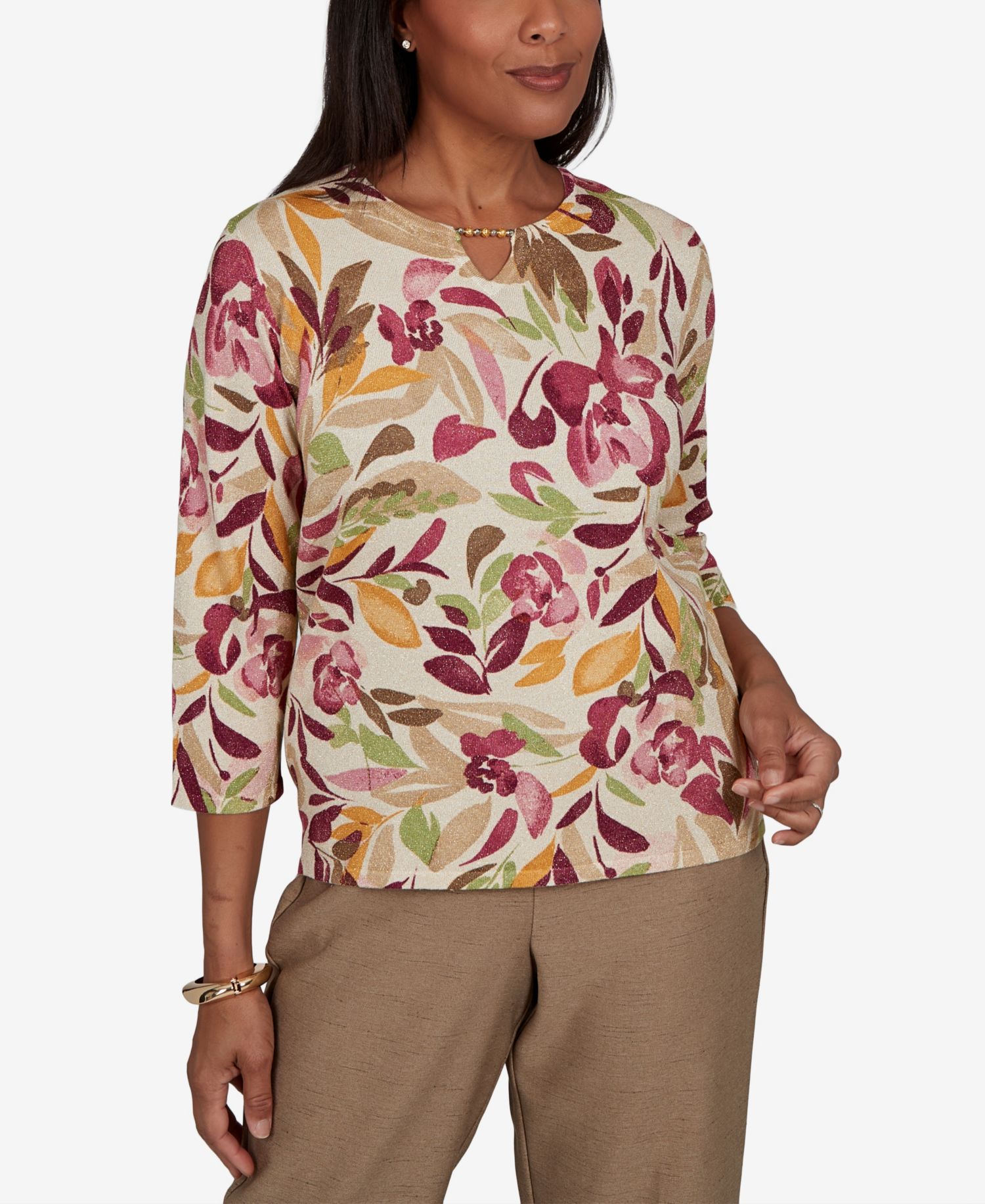 Petite Union Square Painterly Floral-Print 3/4-Sleeve Sweater