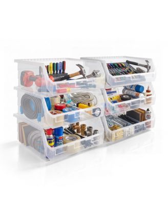 Extra Large Open Front Stackable Garage Storage Bin - Heavy Duty Plastic Organizer Tote for Tools, Hardware and Shelving