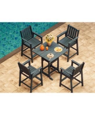 5-Piece Outdoor Bar Set – Square Table with Umbrella Hole and 4 Armrest Stools, All-Weather HDPE Furniture for Backyard and Deck