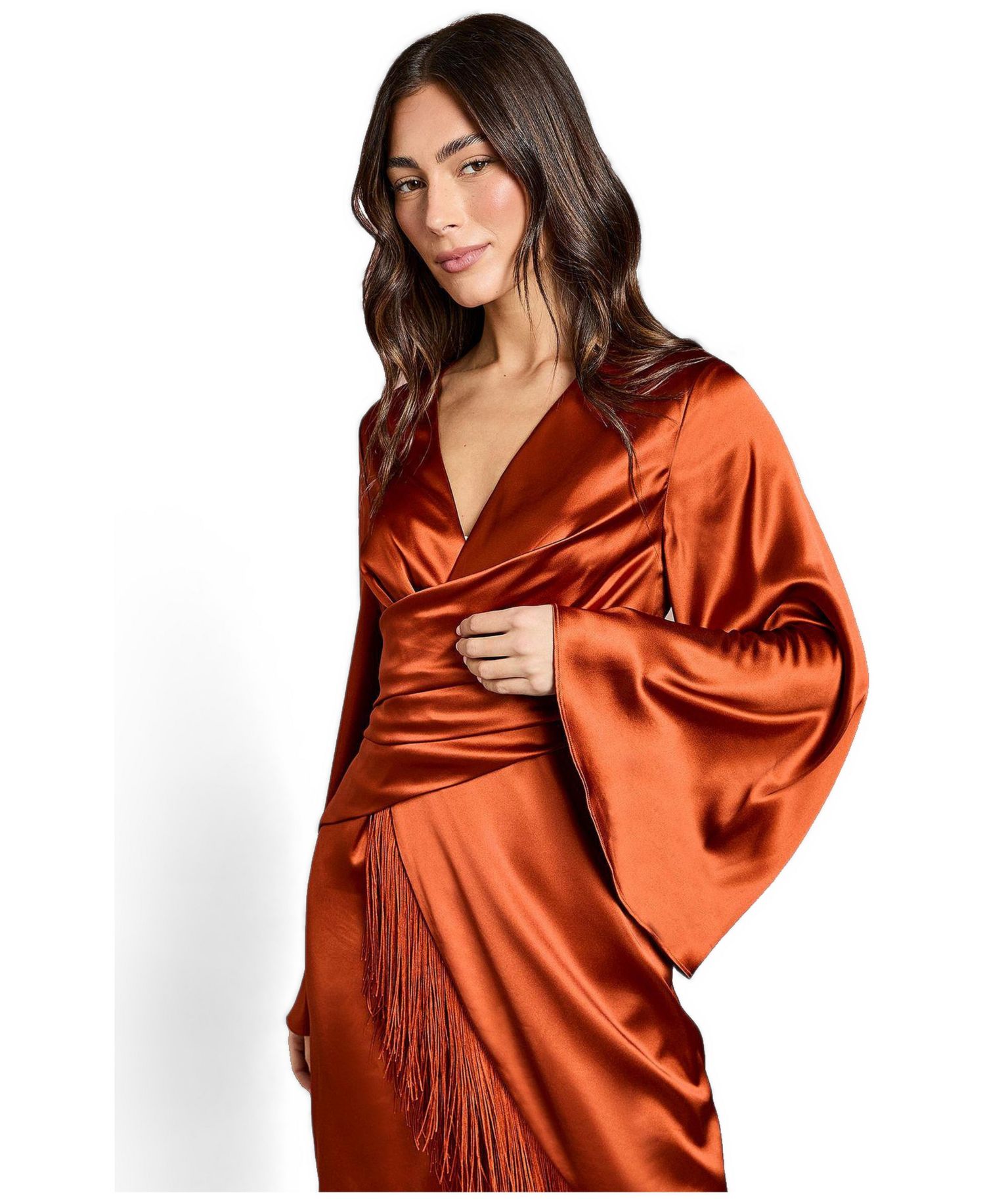 Women's Satin Fringe Hem Wrap Midi Dress