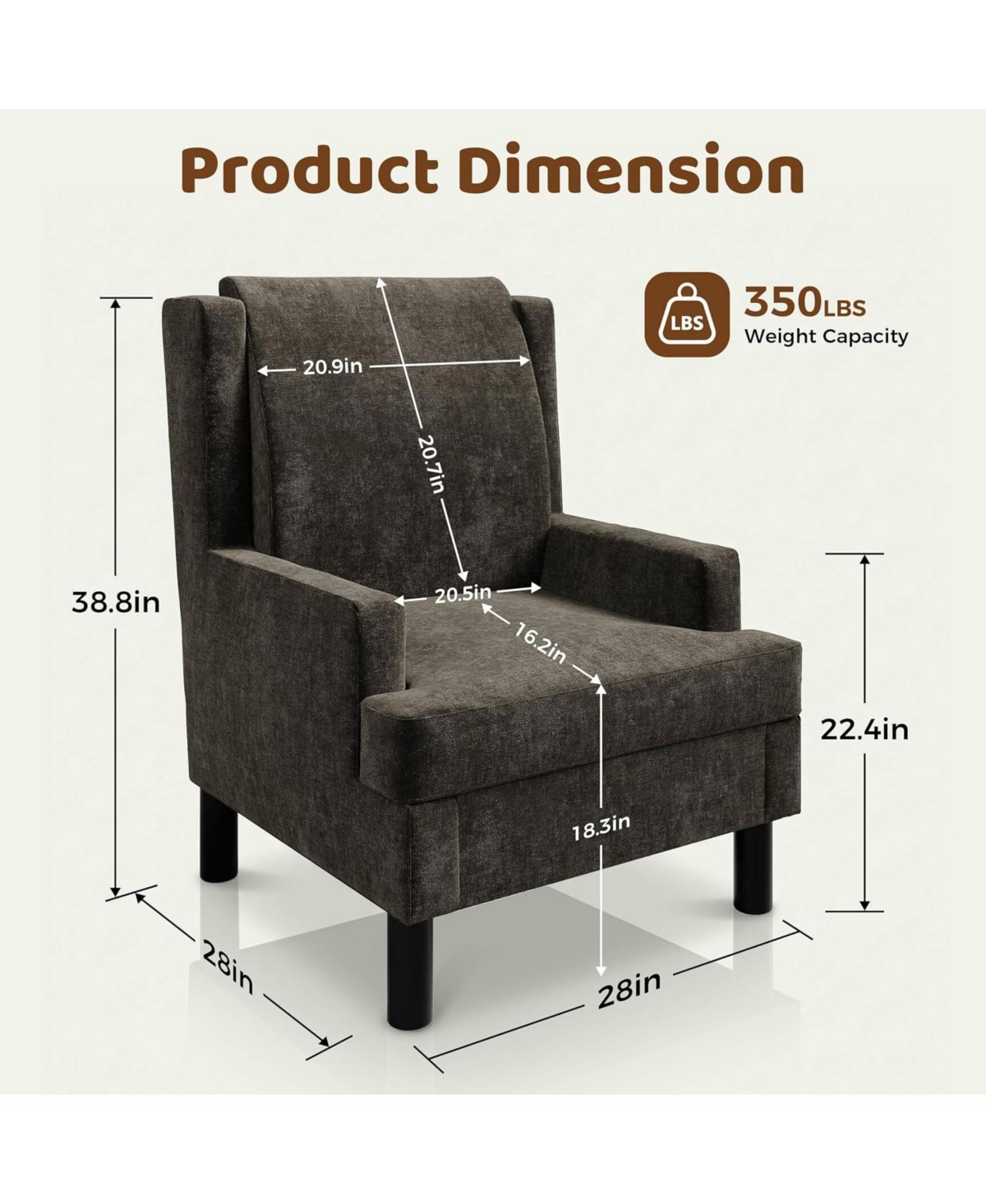 homfan Chenille Wingback Accent Chair with Lumbar Pillow, Mid-Century Modern Reading Chair, Wood Legs