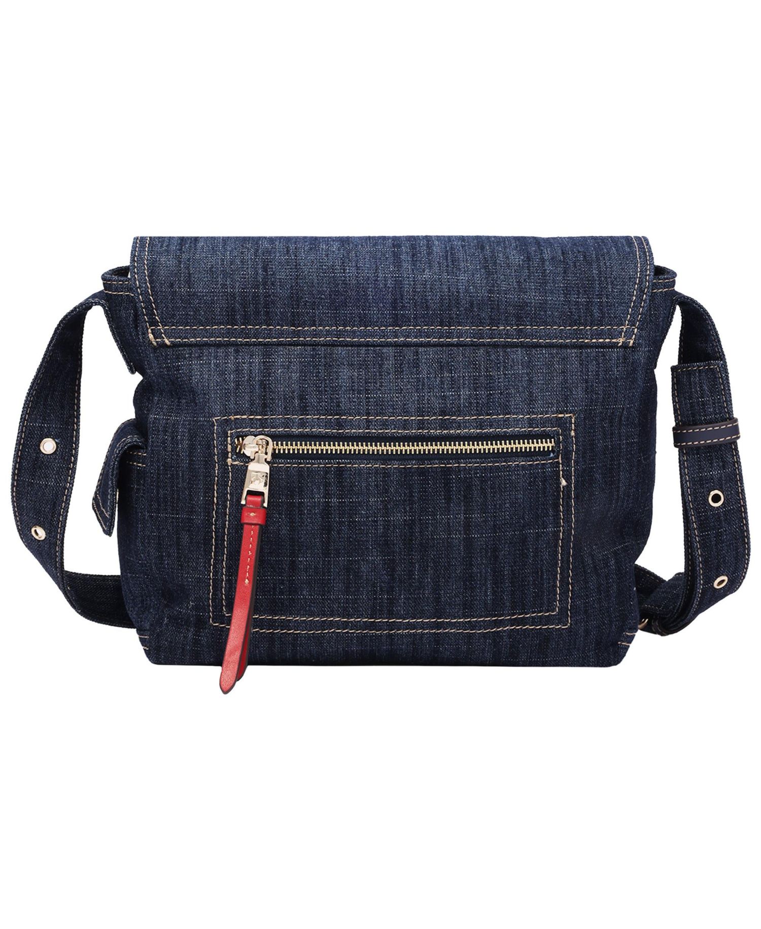 Women's Varsity Logo Zip Pocket Denim Messenger Bag – Dark Denim Crossbody Bag