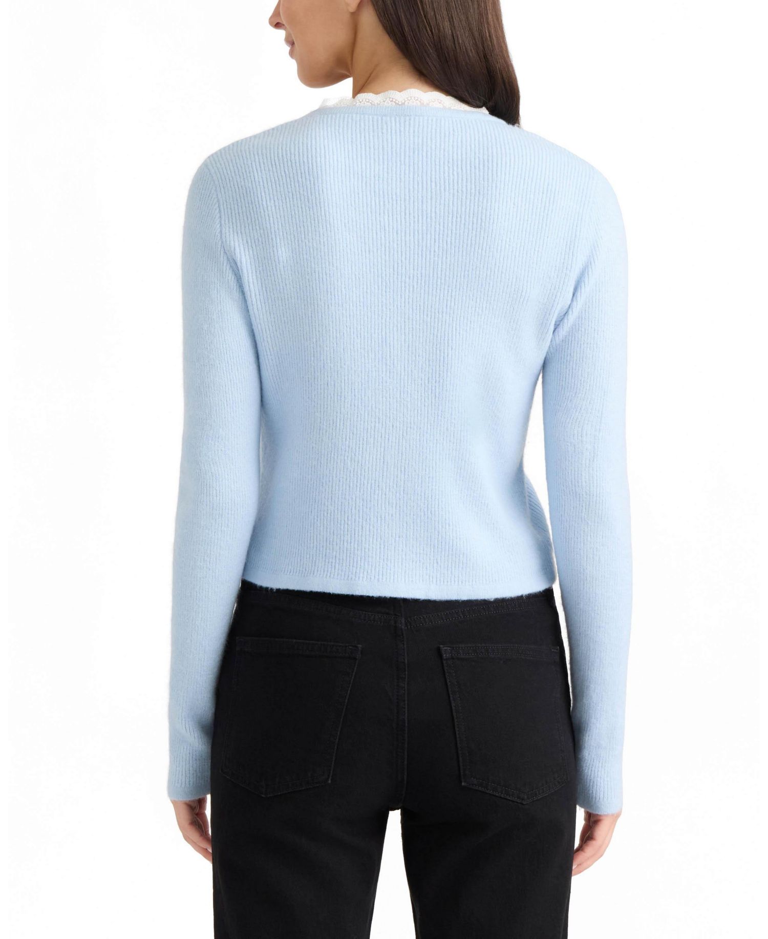Women's Lace Trim V-Neckline Ribbed-Knit Cardigan