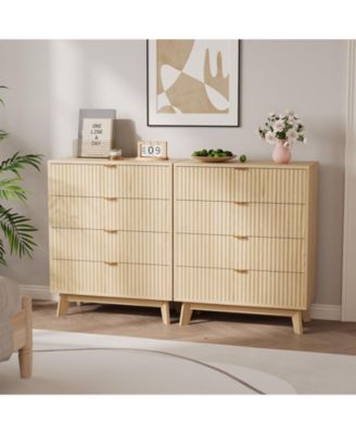 2 Set of Modern Closet Fluted Wood 4 Drawer Dressers for Bedroom Living Room Hallway Closet