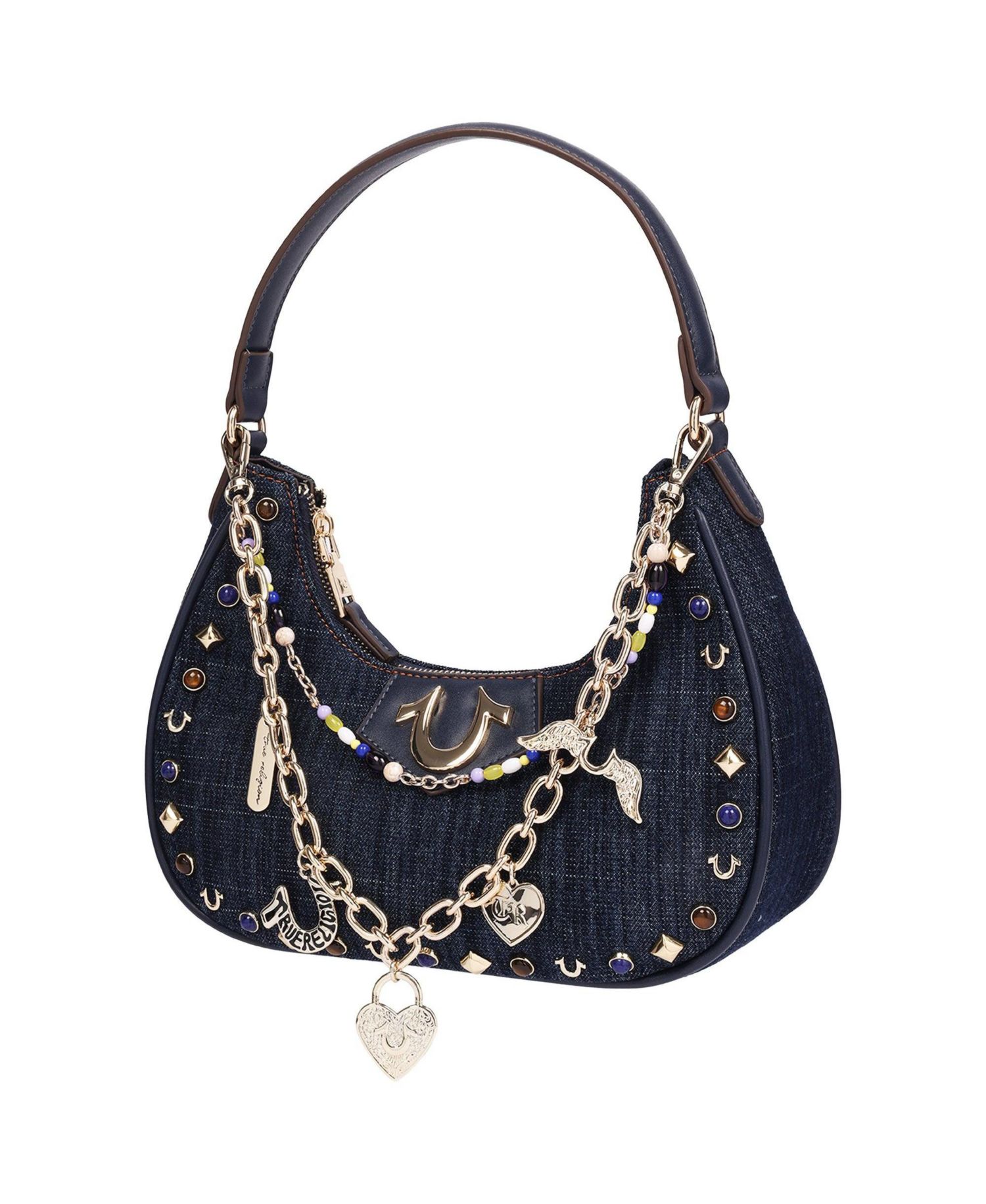 Women's Studded Denim Shoulder Bag with Removable Charm Chain