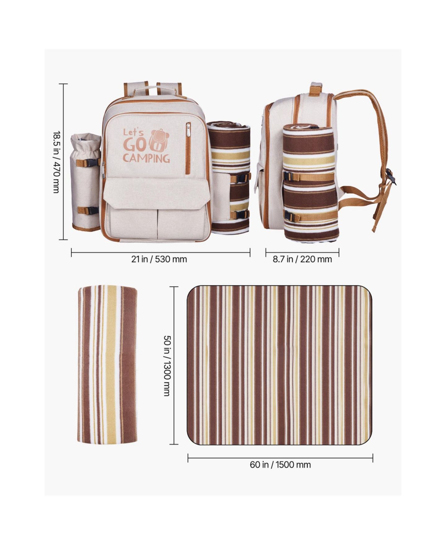 Женские сумки SEVORLEY Picnic Backpack for 4 with Insulated Cooler, Blanket, Plates and Cutlery Set, 20 L, цвет: Бежевый — фото 3