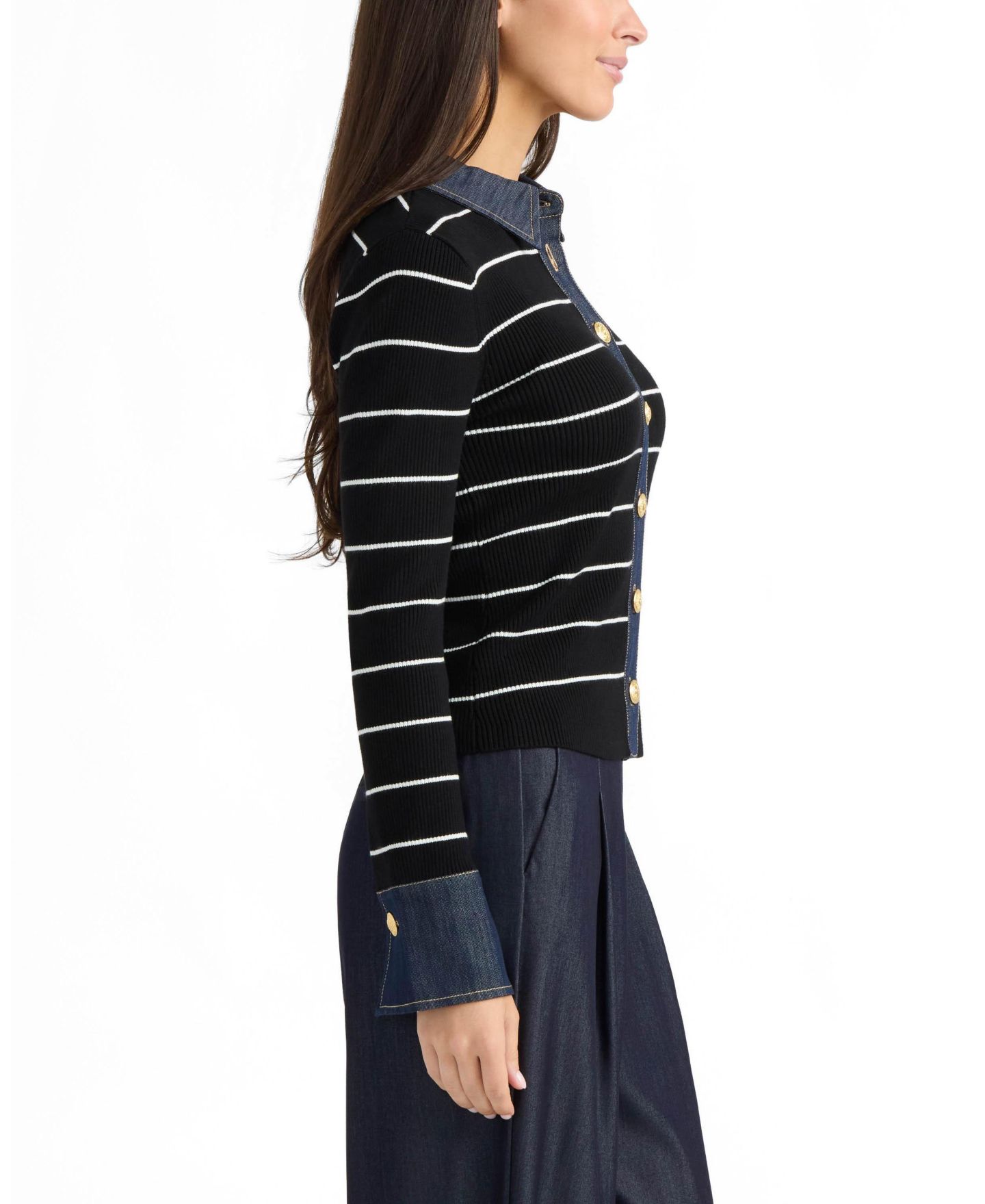 Женский кардиган Ellen Tracy Collared Button-Front Denim Trim, цвет: Белый / Чёрный — фото 3