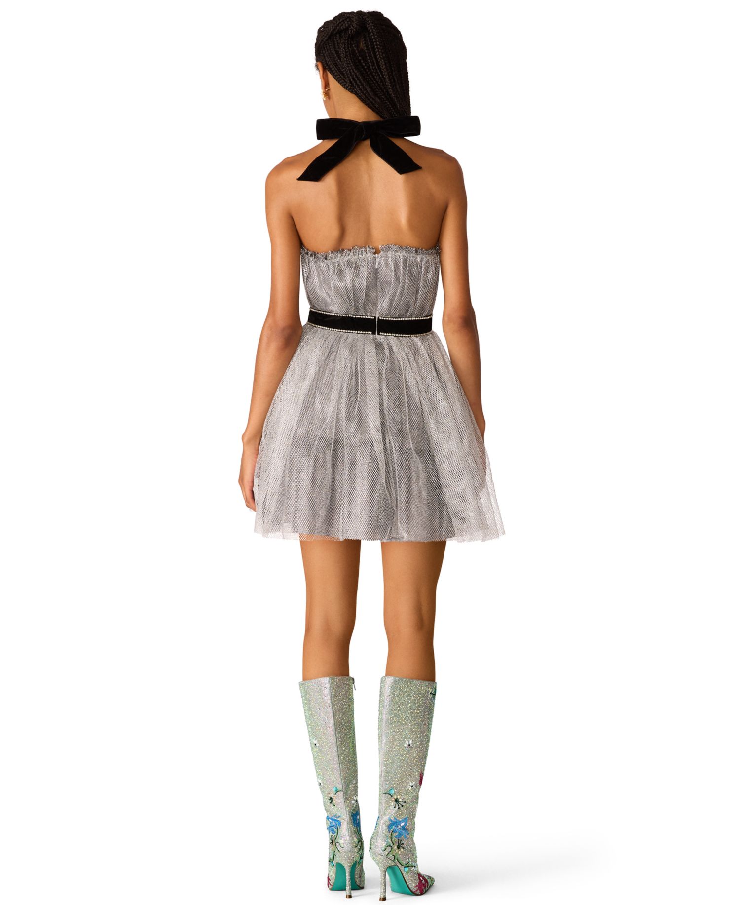 x Paris Hilton Juniors' Halter Open-Back Glittering Tulle Mini Dress