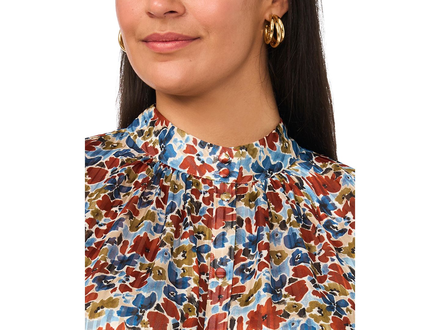 Женская блузка Vince Camuto Plus Size Floral Short Puff-Sleeve Mock-Neck Blouse, цвет: Джинсовый тёмно-синий — фото 6