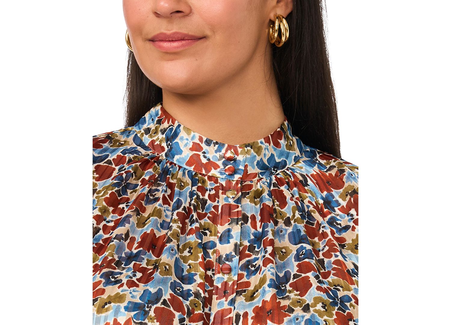 Plus Size Floral Short Puff-Sleeve Mock-Neck Blouse