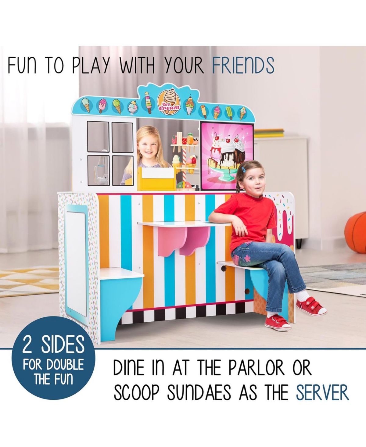 Lil' Jumbl Double-Sided Ice Cream Parlor Pretend Play Set, Wooden Diner Set with Cash Register and More
