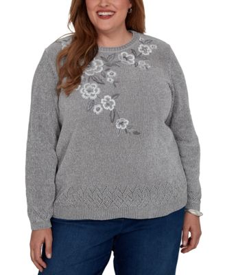 Plus Size Embroidered Floral Textured Chenille Sweater