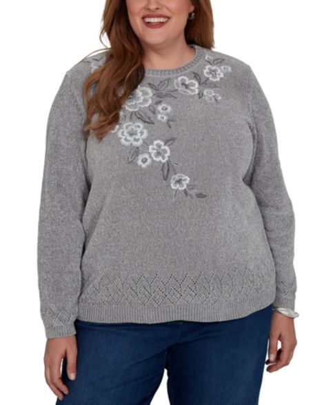 Женский свитер Alfred Dunner Plus Size Embroidered Floral Textured Chenille, цвет: Серый
