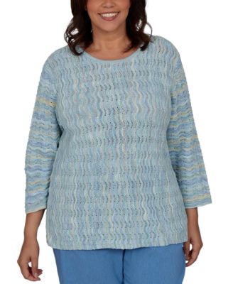 Plus Size Provence Textured Scalloped-Stripe Sweater
