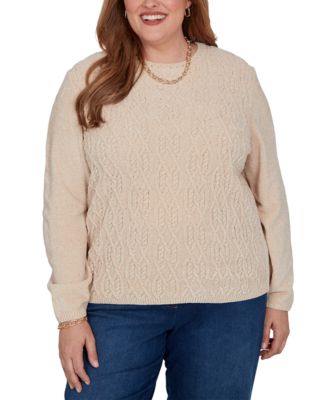 Plus Size Cable-Knit Chenille Crewneck Long-Sleeve Pullover Sweater