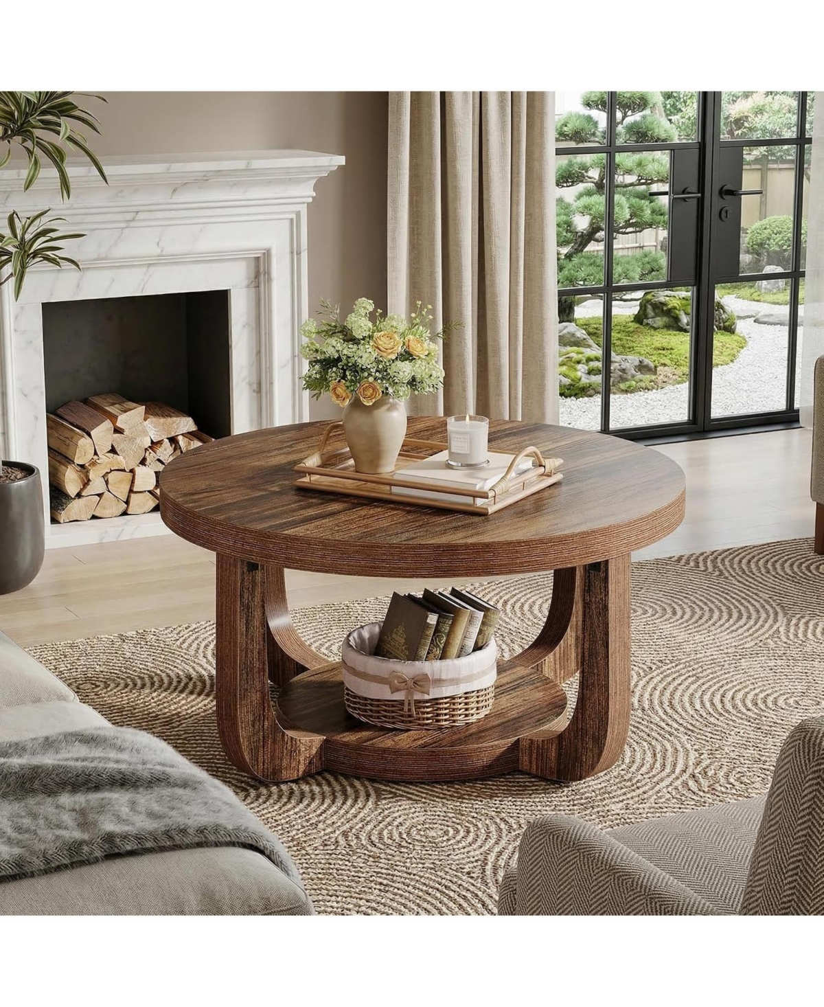 Tribesigns Round Coffee Table,31.5" 2-Tier Coffee Table with Storage Shelf,Rustic Wooden Center Table with Thick Tabletop for Living Room