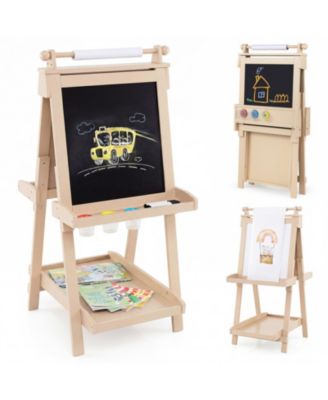 3-in-1 Double-Sided Kids Art Easel with Chalkboard Magnetic Whiteboard and Paper Roll