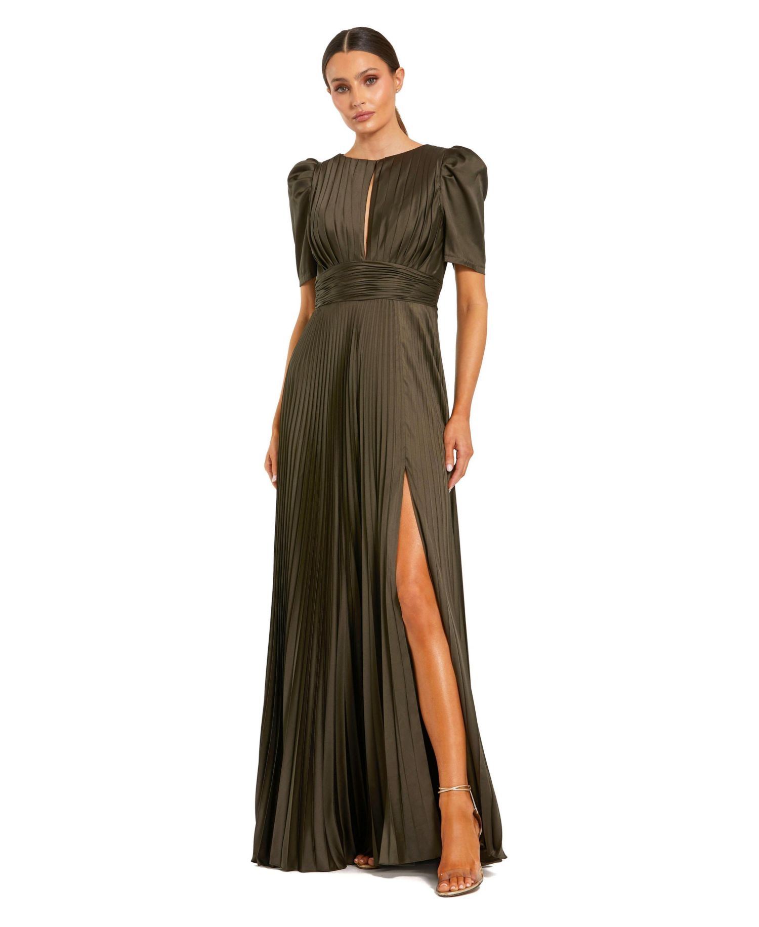 Petite Pleated Charmeuse Keyhole Puff Sleeve Evening Gown