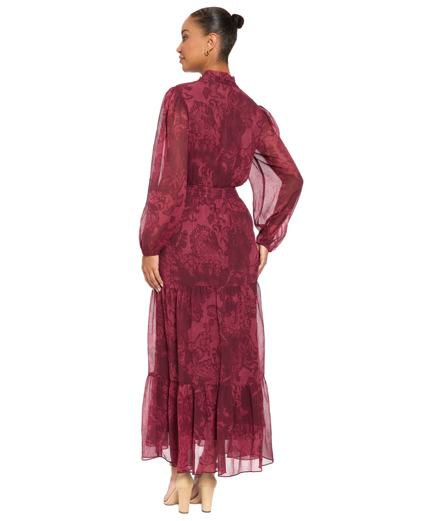 Женское платье London Times Petite Floral-Print Sheer Long-Sleeve Tiered Long, цвет: Коричневый / Розовато-лиловый — фото 4
