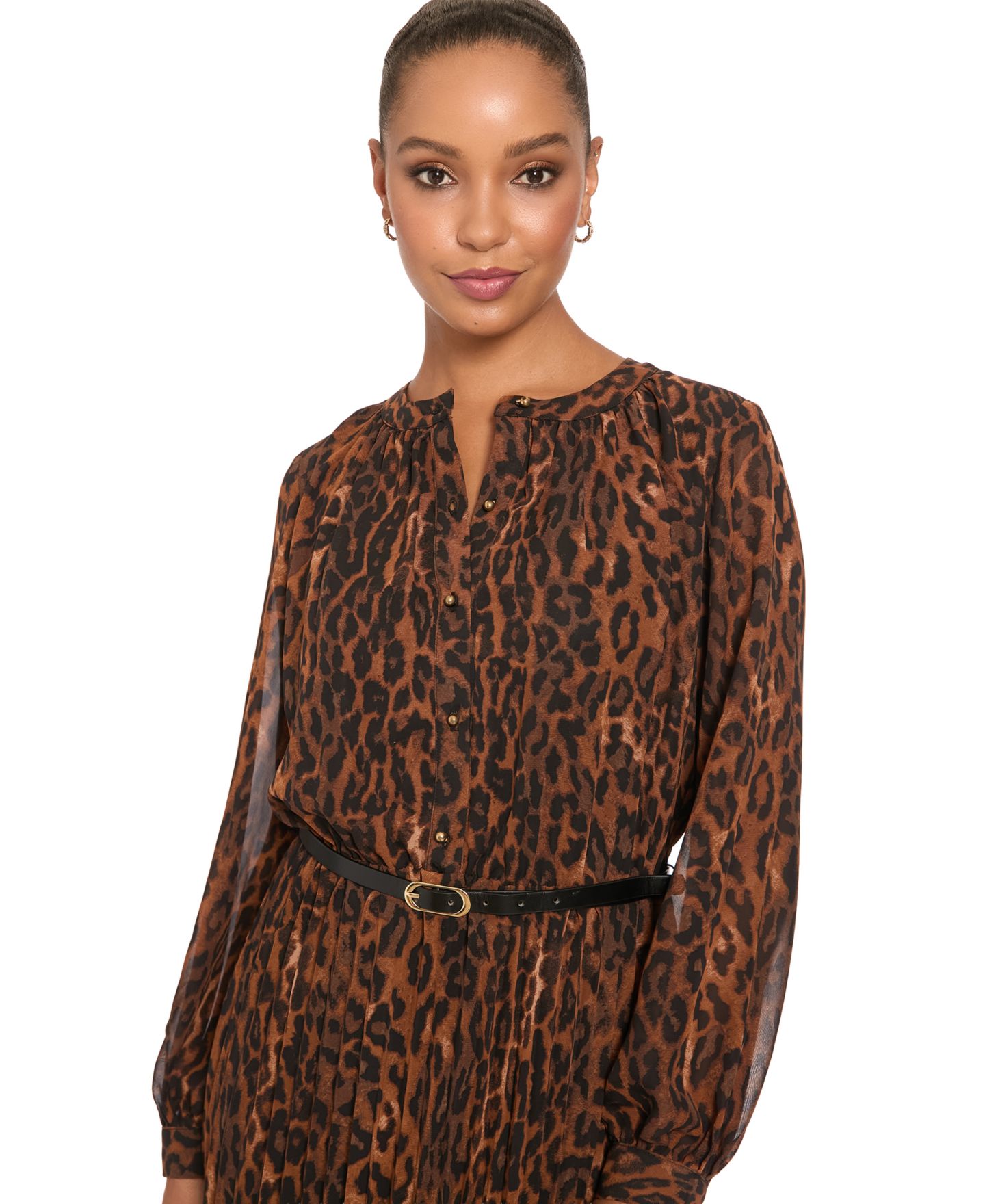 Женское платье London Times Petite Belted Pleated Skirt Chi Leopard-Print Long-Sleeve Dress, цвет: Золотой / Коричневый — фото 3