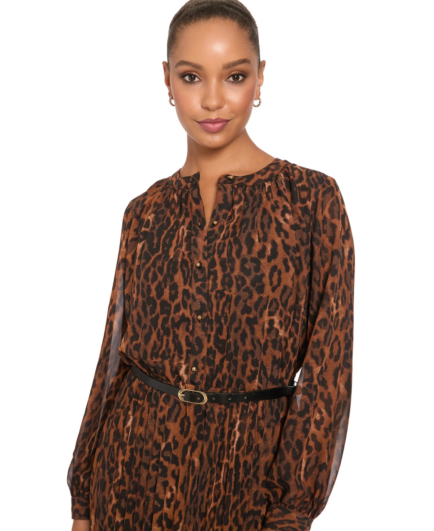 Petite Belted Pleated Skirt Chi Leopard-Print Long-Sleeve Dress