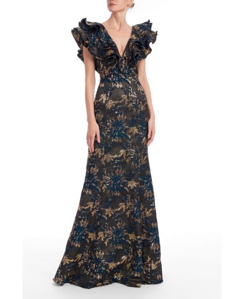 Женское платье Badgley Mischka Jacquard Ruffle V-Neck Gown