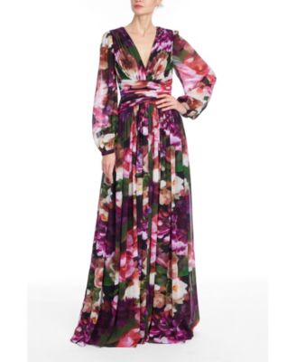 Women's Floral-Print Long-Sleeve Pleated Gown