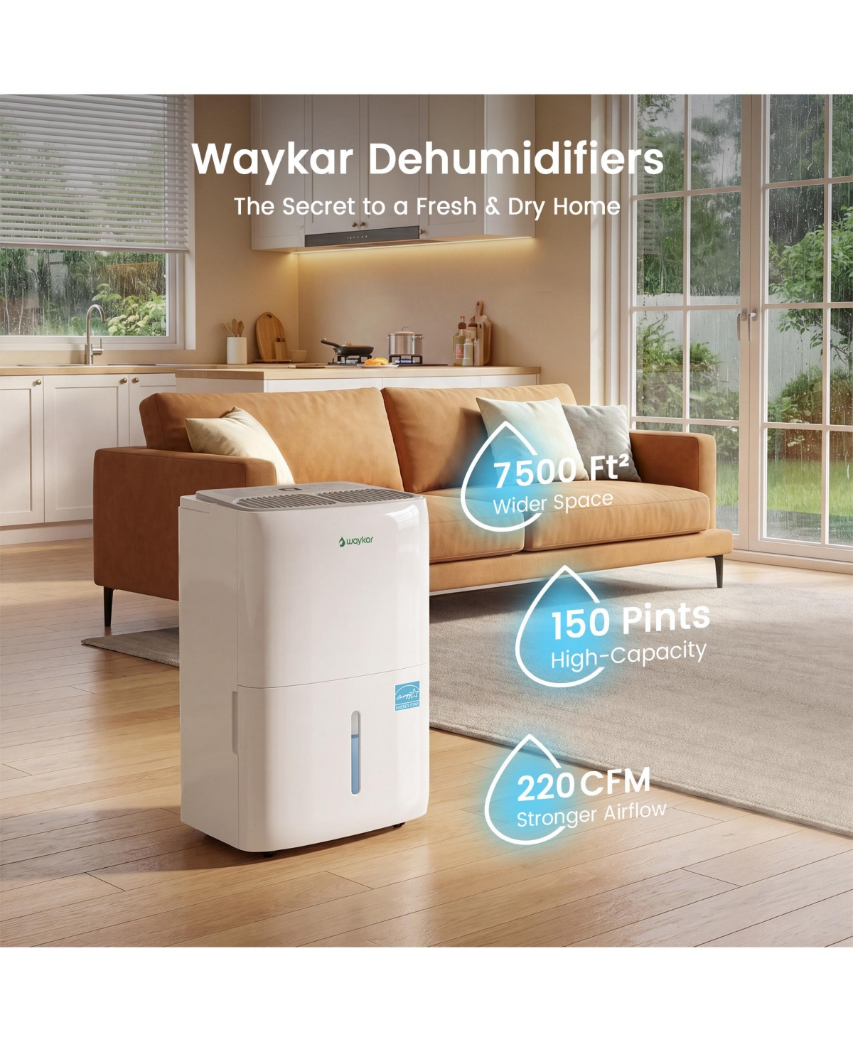 Waykar Energy Star 150 Pint Dehumidifier with Pump-Up to 7,500 Sq. Ft