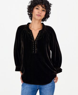 Women's Petite 3/4-Sleeve Velvet Split-Neck Blouse