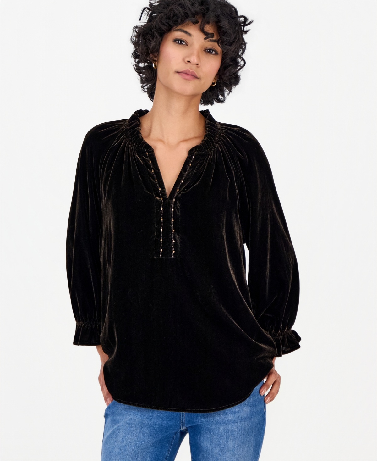 Democracy Women's Petite 3/4-sleeve Velvet Split-neck Blouse In Brown
