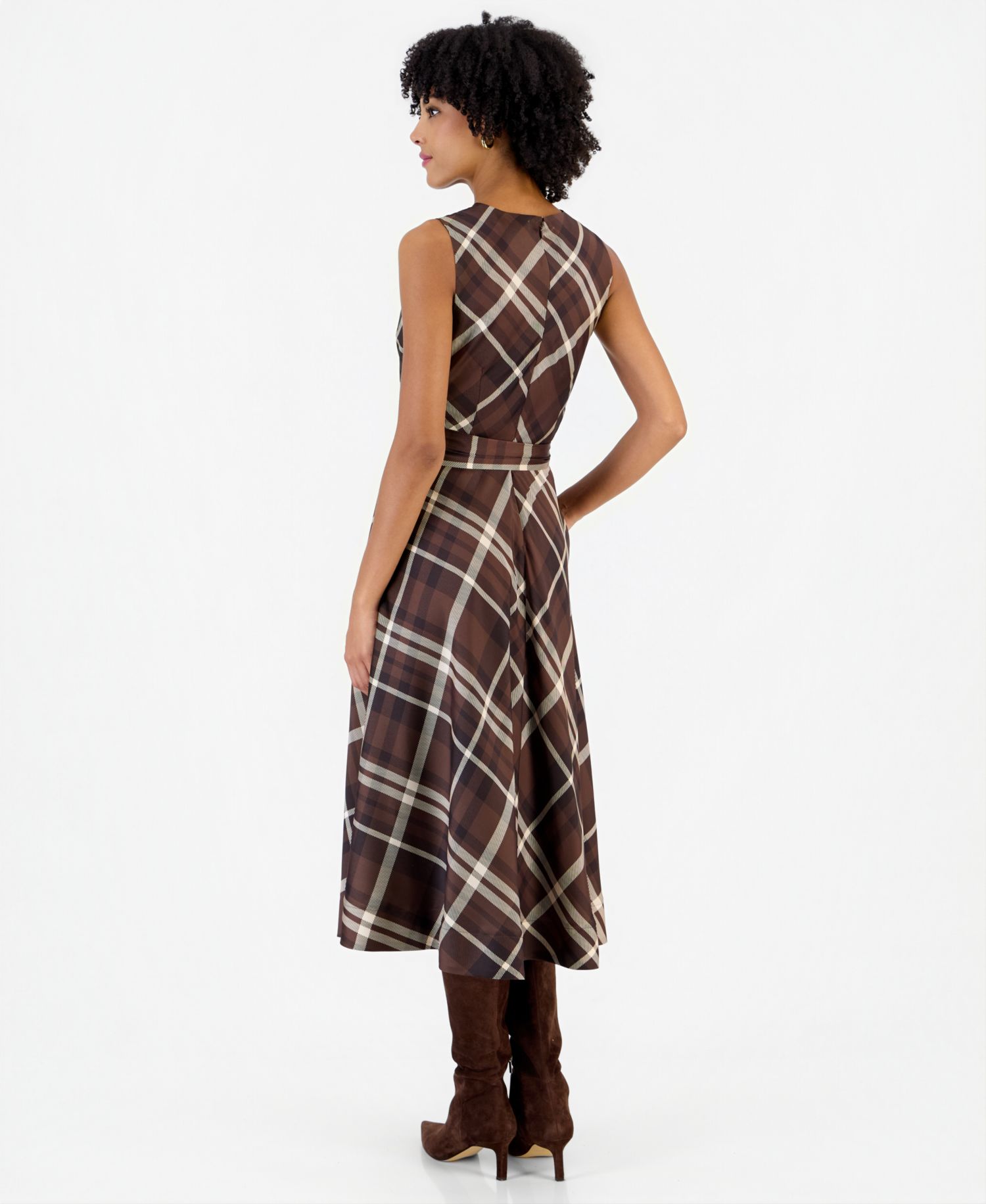 Women's Drape Neck Plaid Midi A-Line Dress