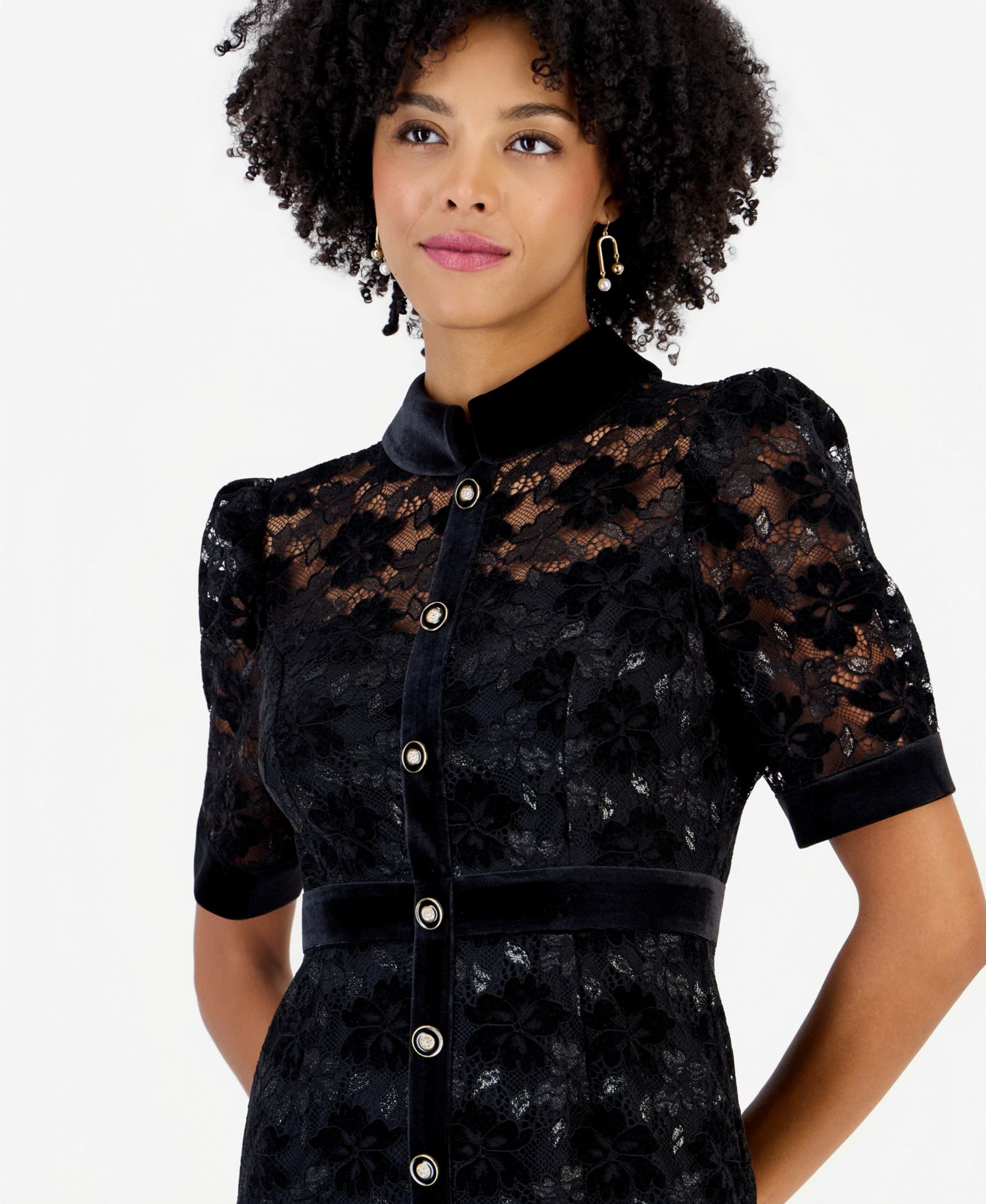 Women's Lace and Velvet Floral Midi Shirt Dress
