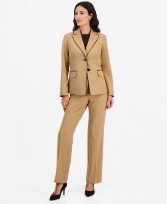 Petite Two-Button Peak-Collar Contrast-Piping Pant Suit, 2-Piece