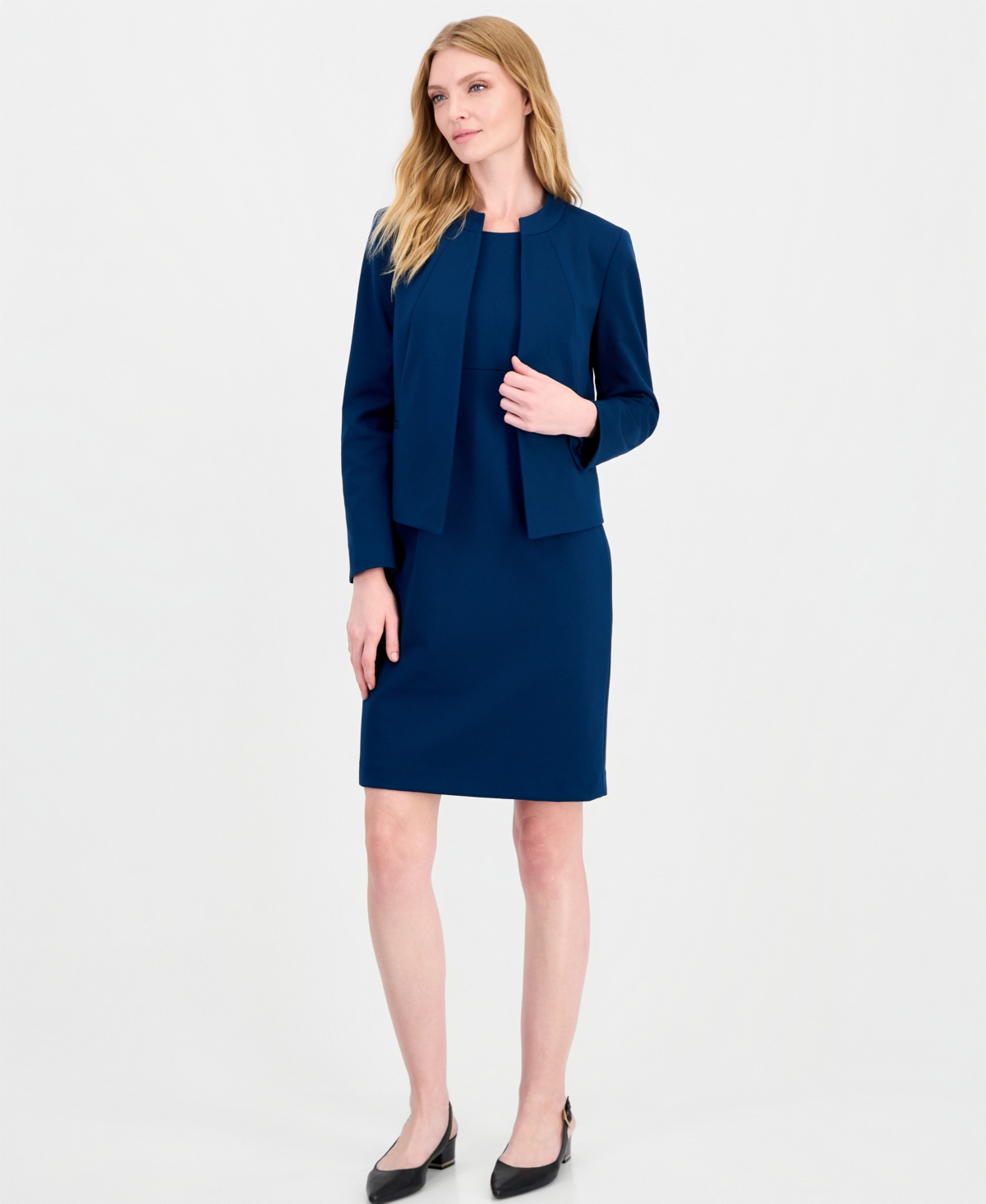 Le Suit Women's Empire Waist Seam Crewneck Jacket And Dress, 2-piece Suit In Dark Mallard