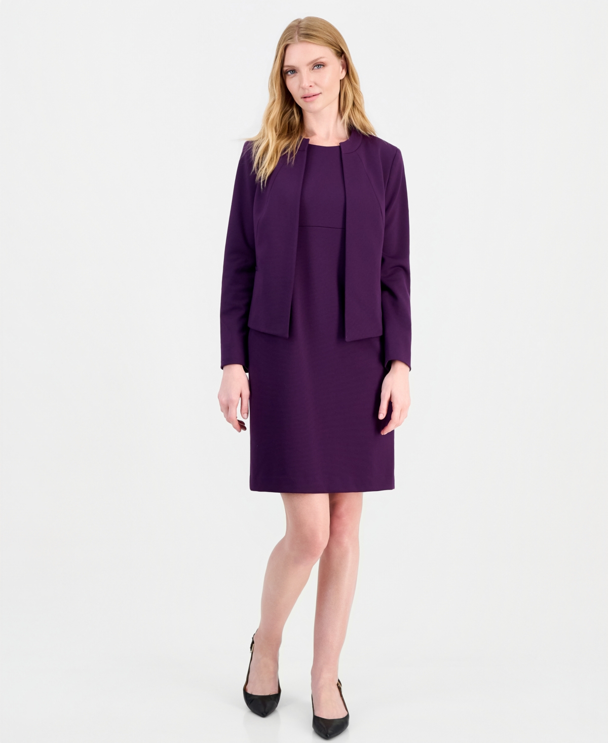 Le Suit Women's Empire Waist Seam Crewneck Jacket And Dress, 2-piece Suit In Plum